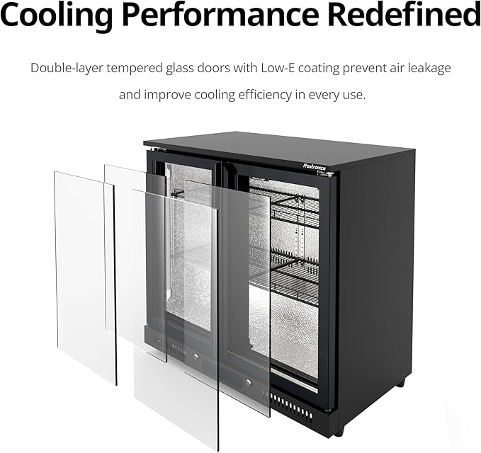 36 inch 206 cans Duo Hinged Door Back Bar Beverage Cooler, 6.75 cu. ft. Under Counter Glass Door Bar Fridge with hinged doors, lockable, 32-50°F Display Refrigerator, ETL Certified, Black