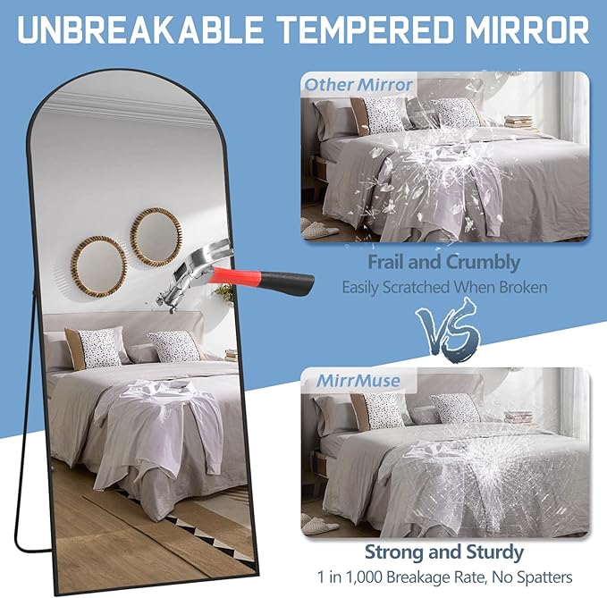 76"X34" Large Arched Floor Mirror Full Length with Stand, Black Hanging or Leaning Standing Full Length Mirror for Bedroom Living Room Gym, Full Body Mirror Wall Mounted, Tempered Glass