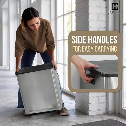 CAPHAUS Dual Trash Can with Lid, Trash and Recycling Bins Combo for Kitchen, Hands-Free Stainless-Steel Garbage Can with 2 Compartment, Hinged Lid, Odor Filter, Handles, 25L+25L, 2 x 6.6 Gallon