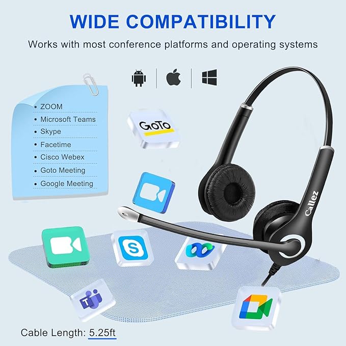Callez Computer Headset, 3.5mm Cell Phone Headset with Mic Noise Cancelling, USB-C Wired Headphone for PC Laptop Mac iPhone Samsung Zoom Teams Call Center Home Office Work, in-line Controls