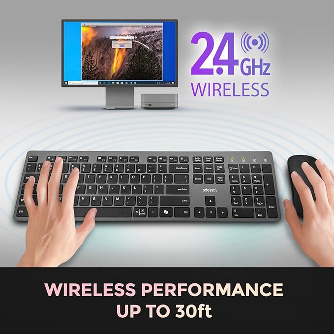 Adesso Wireless Scissor Switch Keyboard and Mouse Combo with Copilot AI Hotkey - Multi-OS Compatible for Mac, Quiet Switches, USB-A 2.4GHz Dongle