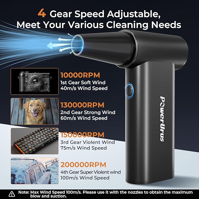 Compressed Air Duster, PowerUrus 200000RPM Electric Air Duster with Brushless Motor, 4-Gear Adjustable Cordless Air Blower, 8000mAh Rechargeable Air Duster for Keyboard, PC, Outdoor and Home Cleaning