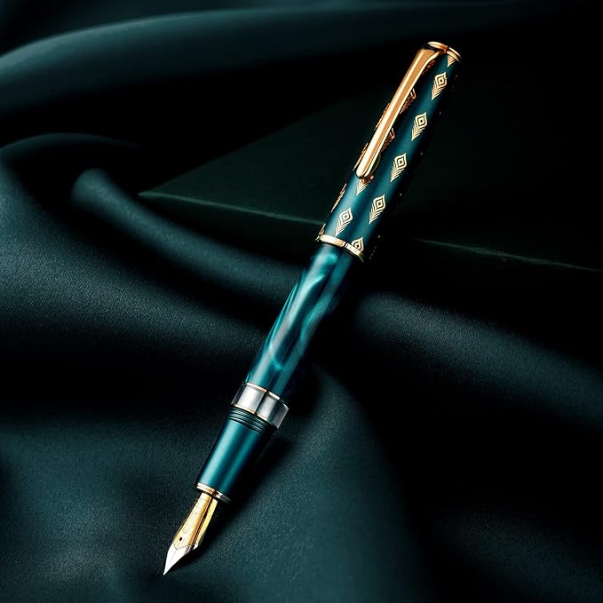 Hongdian N7 Blue Peacock Resin Piston Fountain Pen, Iridium Fine Nib Classic Pen, Smooth Writing Pen with Metal Box
