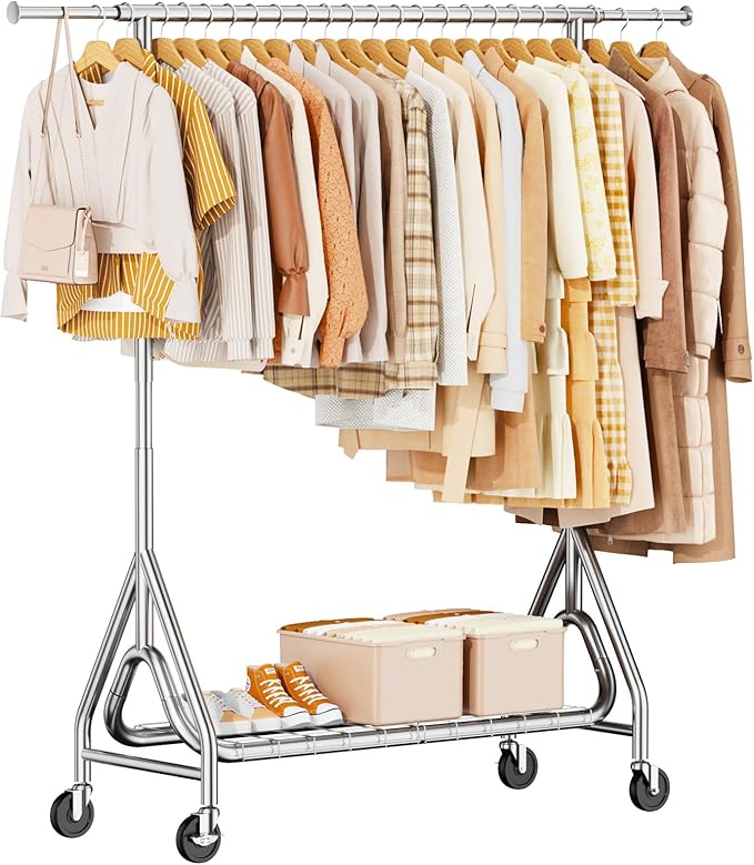 Heavy Duty Clothing Rack, Metal Clothes Rack Load 450 LBS, Rolling Coat Racks for Hanging Clothes with Lockable Wheels, Wardrobe Closet Garment Racks for Bedroom, Silver
