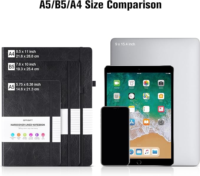 College Ruled Notebook, Large B5 Lined Journal Notebook, 314 Numbered Pages Work Notebook with Index Stickers, 100gsm Thick Paper, Hardcover Vegan Leather Journal for Women Men School Office, Black