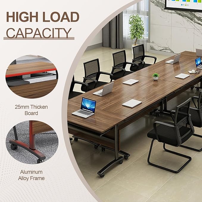 Folding Conference Room Table, Modern Conference Tables with Wheels, Large Rectangular Mobile Training Tables for Office Classroom, Foldable Modular Boardroom Seminar Table Walnut (10pack L47.2in)