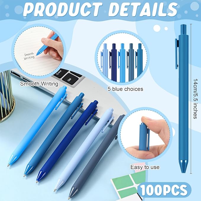 100 Pcs Ballpoint Pens Bulk Retractable Writing 1. 0 mm Black Ink Cute Pens Smooth Writing Color Fancy Gift for Teacher Student Employee Office School Home Baby Shower Supplies (Blue Series)
