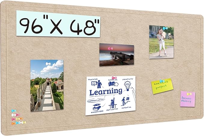 Extra Large Bulletin Board, 96 X 48 inches Cork Board with 30 Pushpin, 8' x 4' Felt Cork Board Notice Pin Board, Self-Adhesive Vision Board Mood Board Foldable Photo Board for Wall - Beige Brown