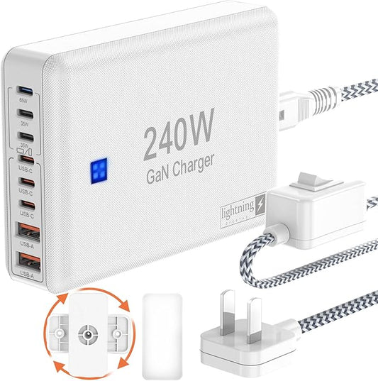 240W Fast Charging Blocks, 8-Port Charging Station for iPhone/Ipad/MacBook, 6C2A PD GaN Charger Box, USB Tower Hub 5ft Braided Power Cord with On/Off Switch, Flat Plug, Travel Essentials