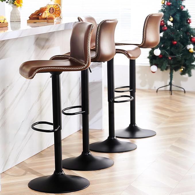 HeuGah Bar Stools Set of 6, Swivel Counter Height Barstools with Back, Adjustable Height 24" to 32", Brown Faux Leather Bar Chairs for Kitchen Island (Brown, Set of 6 (24'' to 32''))