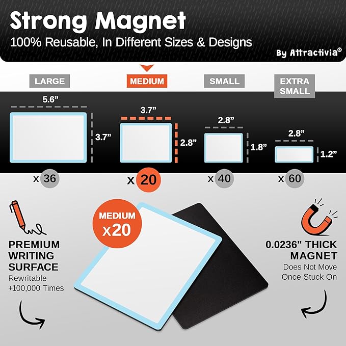 Dry Erase Magnetic Labels 3.7 x 2.8 in, Color Borders, Medium Dry Erase Magnets, 20-Pack, White Erasable Write-On All-Purpose Labels, for Office, Education, Home, Whiteboard
