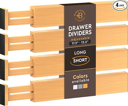 Bambüsi 4 Pack Drawer Divider - Bamboo 2.6" High, 12.5-17" Adjustable Drawer Organizers for Clothes, Expandable Dresser Separators in Bedroom/Bathroom/Kitchen/Office Organization and Storage