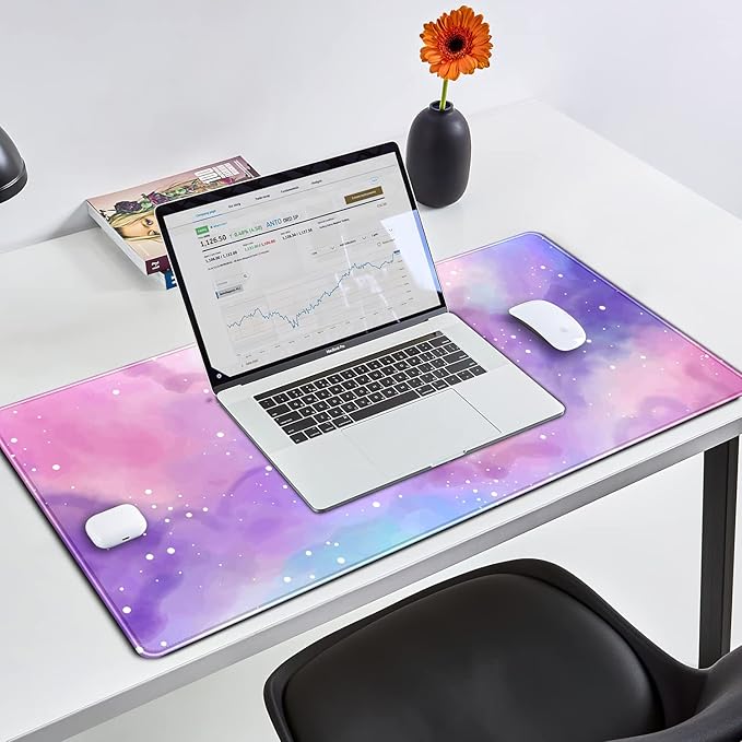 Desk Pad Purple Starry Sky Cute Gaming Mouse Pad Galaxy Gamer Girl Cute Pink Desk Decor Keyboard Desk Mat, Stitched Edges Desktop with Stitched Edges Non-Slip Large Computer Mat 31.5x15.7 in