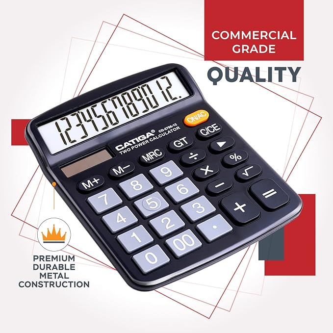 CATIGA Desktop Calculator (2 Pack) 12 Digit with Large LCD Display and Sensitive Button, Solar and Battery Dual Power, Standard Function for Office, Home, School, CD-2786 (2 Black)