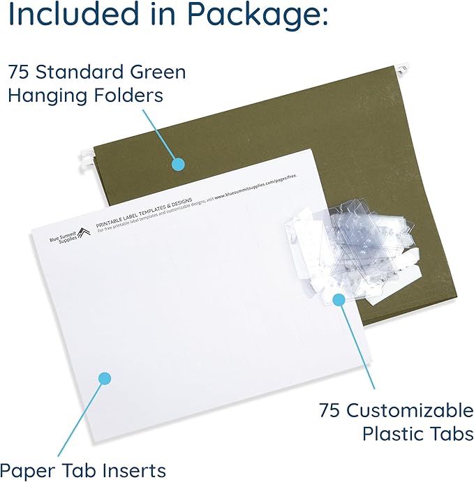 Blue Summit Supplies Hanging File Folders, 75 Pack, Reinforced Hanging Folders Letter Size, Standard File Folders for Filing Cabinet, Hanging File Organizer, Green