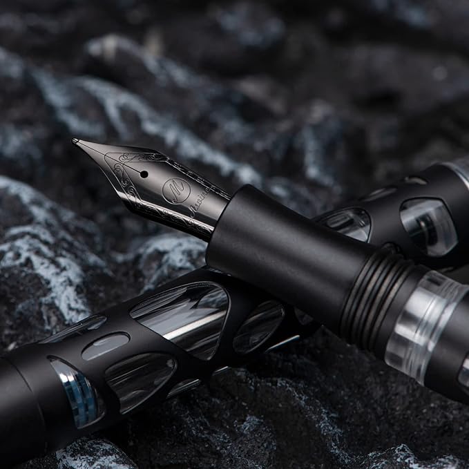 Asvine V169 Vacuum Filling Fountain Pen, Matte Black Water Drop Skeleton Transparent Acrylic Pen, Black Medium Nib Office Pen with Case Set
