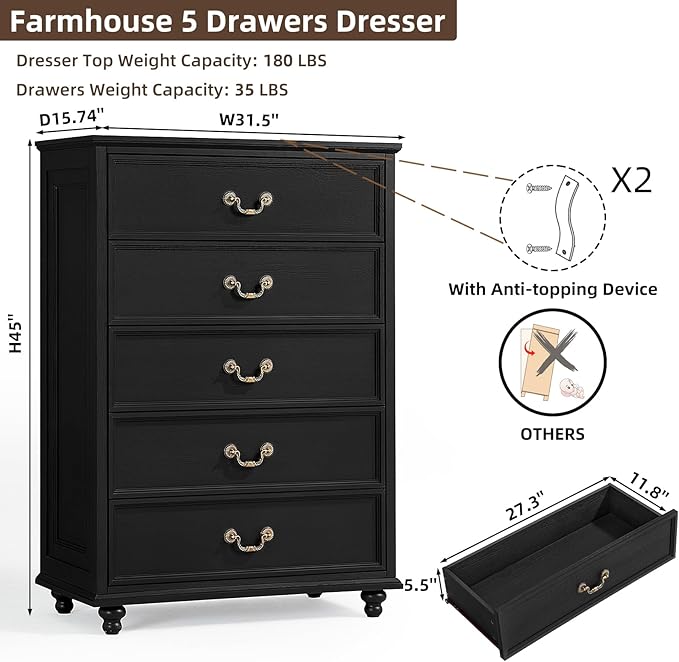 Farmhouse 5 Drawer Dresser Set of 2 for Bedroom, 45" Tall Rustic Chests of Drawers w/ 4 Solid Wood Feet, Vintage Mid Century Wooden Closet Storage Dressers Organizer for Living Room, Black