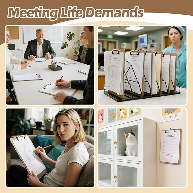 HappyHapi 42 Pack Clipboard 8.5 x 11 Letter Size Clip Boards Bulk, A4 Wooden Hardboard Office Clipboards Pack for Classroom, Work-Meetings, Brown