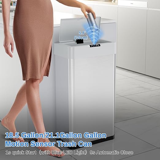 AthLike Sensor Trash Can, Touchless Motion Sensor Trash Bin, Smart Automatic Garbage Can with Soft-Close Lid, Bag Retainer Ring and Display Light,for Kitchen,Living Room Office (Silver, 18.5 Gal)