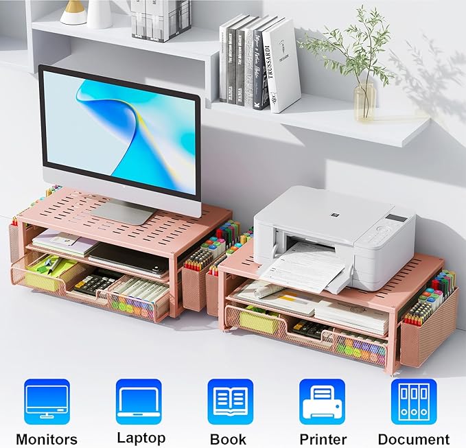 gianotter Desk Organizers and Accessories, Monitor Stand with Drawer and 2 Pen Holder, Desktop Organizer Suitable for Offices and Dormitories (Rose Gold)
