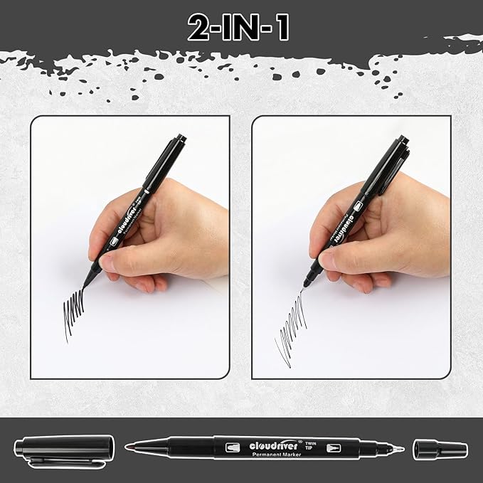 cloudriver Ultra Fine Permanent Markers, 60 Bulk Pack Twin Tip Black Permanent Marker Set, Waterproof and Quick Drying