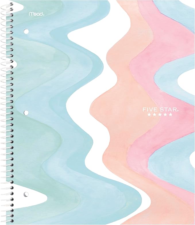 Five Star Spiral Notebook + Study App, 1 Subject, Wide Ruled, 8" x 10-1/2", 80 Sheets, Fights Ink Bleed, Water Resistant Cover, Pastel Waves (930060F)