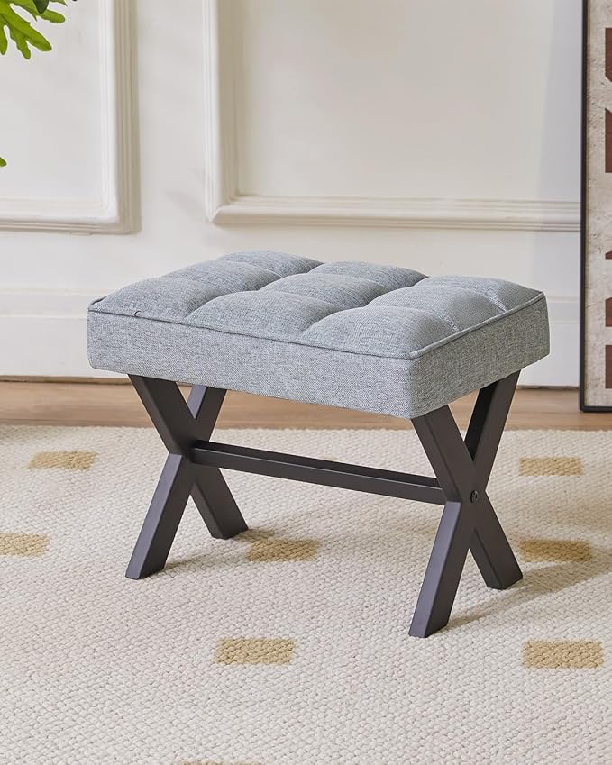IBUYKE Small 12" H Footrest Stool, Square Linen Foot Stool with Metal X-Leg, Multi-Use as Small Side Table, Step Stool for Living Room, Bedroom, Entryway, Office, Blue Gray WBD011L