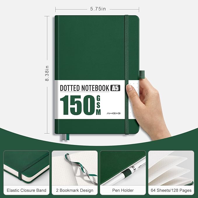 AHGXG Bullet Dotted Journal - 150 GSM Dot Grid Notebook Journal, Thick Acid-Free Paper, A5 Dotted Notebook 128 Pages, Leather Hardcover, Inner Pocket, Journal Stencil, 5.7'' × 8.3'' - Green