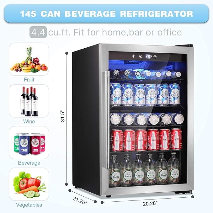 Antarctic Star Beverage Refrigerator Cooler - 145 Can Mini Fridge Glass Door for Soda Beer or Wine, Clear Front Door for Home Office or Bar, 4.4Cu.Ft
