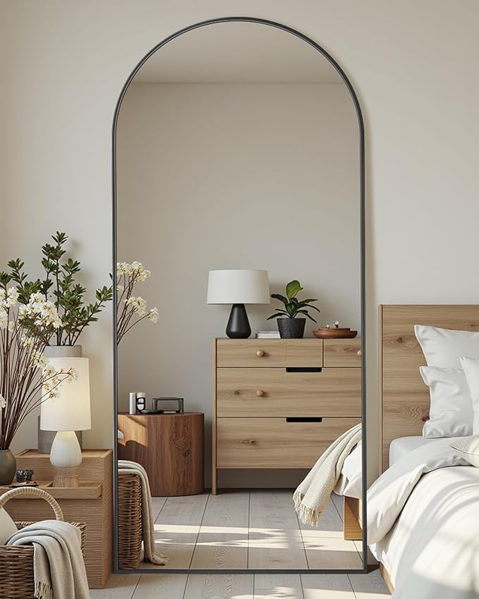 Full-Length Floor Mirror with Stand, 68"x26" Arched Style Full Body Standing Mirror for Bedroom, Living Room, Gym, Dorm - Shatter-Resistant & Easy Assembly, Black