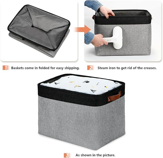 DULLEMELO Fabric Storage Bins - Decorative Large Baskets for Home Shelves & Bedroom, Canvas Toy Organizers (Black & Gray)