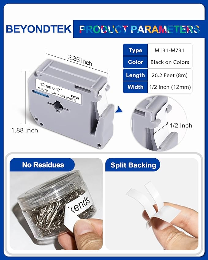 6Pk P Touch M Tape Work with PT-65 PT-70 PT-70BM PT-M95 PTM95 Replace with Brother P Touch M Tape 12mm 0.47 M-K 131 M-K231s 431s 531s 631s 731s for Brother PTouch PT-45 PT-80 PT-90,8m 26.2ft