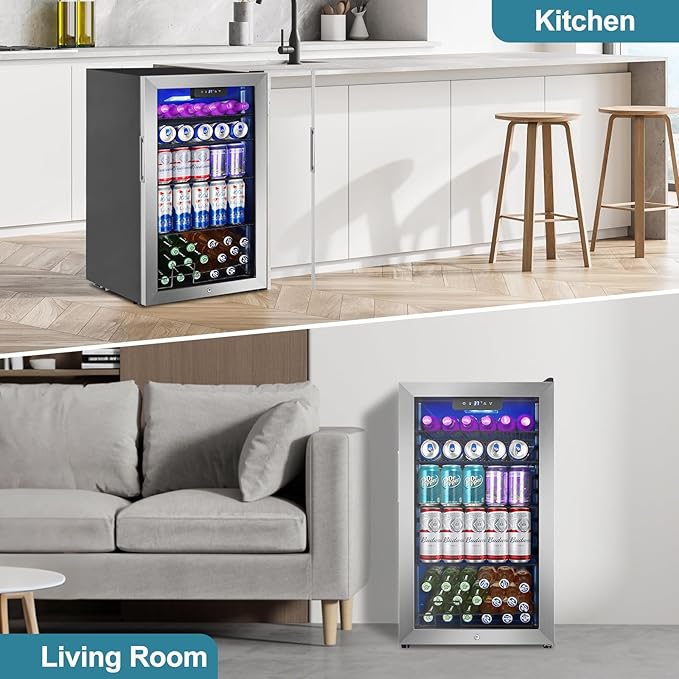 Beverage Refrigerator Cooler, 128 Cans Mini Fridge Glass Door for Drink Beer Soda Wine, 3.2 Cu.Ft Small Fridge for Kitchen Bedroom Office Bar, with 4 Adjustable Removable Shelves, Stainless Steel