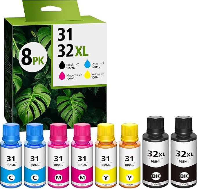 31 32XL Ink Bottle Set Compatible for Smart Tank 5101 7602 6001, Compatible for HP 31 Ink 32XL Black Ink Bottle for Smart Tank 5000 5102 7301 7001 Plus 651 570 551 455 457 450 All-in-One Printer