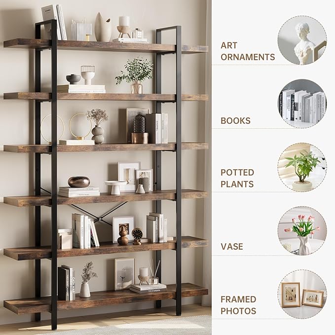 Heavy Duty 6-Tier Industrial Bookcase, 47" Wide Wood Bookshelf for Home Office, 120lbs Shelf Capacity, Rustic Open Shelving Display with Reinforced Horizontal Shelf for Living Room Bedroom