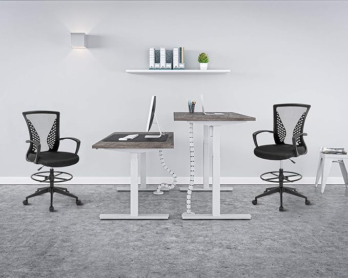 Drafting Chair Tall Office Chair Standing Desk Chair Adjustable Height with Arms Foot Rest Back Support Rolling Swivel Desk Chair Mesh Drafting Stool for Adults