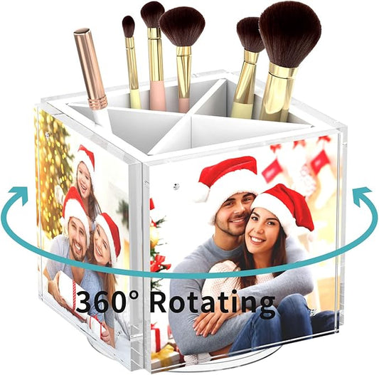 HIIMIEI Acrylic Rotating Pen Holder for Desk, Pencil Holder Picture Frame Holds 4 Family Photos of 4"x4", Desk Pen holder Organizer for Office, Classroom, Home, Kids (White)