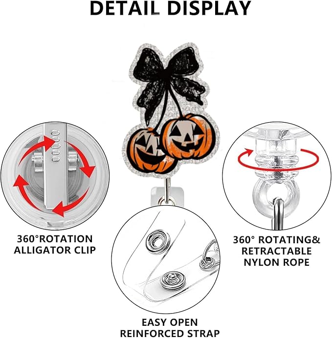 Halloween Badge Reel Retractable Autumn Coquette Pumpkin with Black Bow Acrylic Alligator Clip Halloween Badge Clip ID Card Holder Gifts for Medical Worker Teacher Doctor Cute Halloween Badges Holder