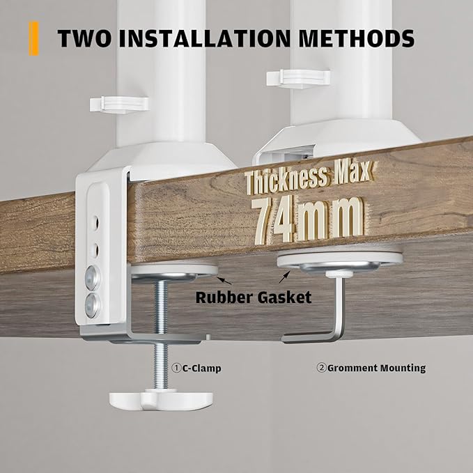 Dual Monitor Articulating Desk Mount Arm Stand - Vertical Stack Screen Supports Two 13 to 34 Inch Computer Monitors with C Clamp White