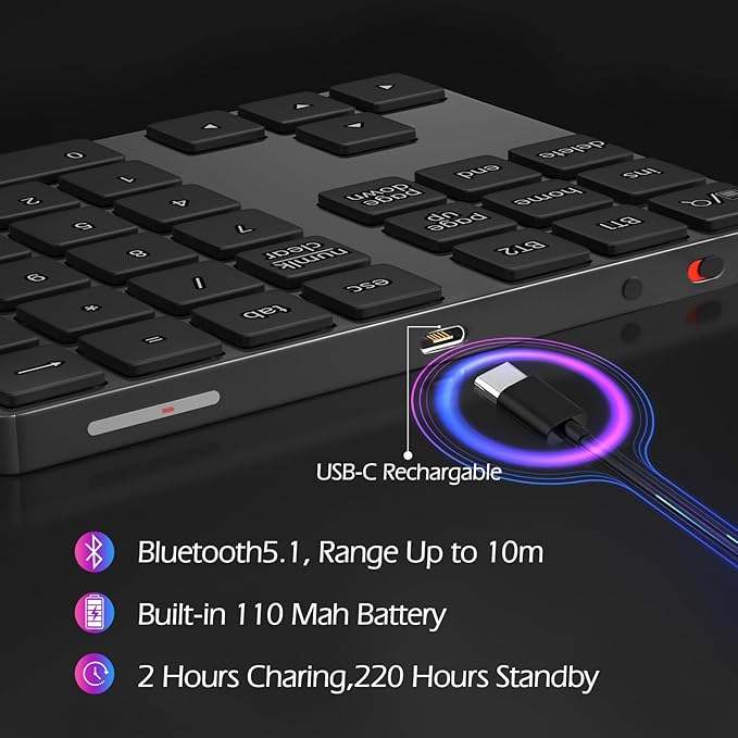 Foloda Bluetooth Number Pad for Laptop, Wireless 10 Keys USB Number Keypad, Rechargeable Numeric Keypad Numpad Extensions Data Entry Keyboard for PC iMac MacBook Notebook