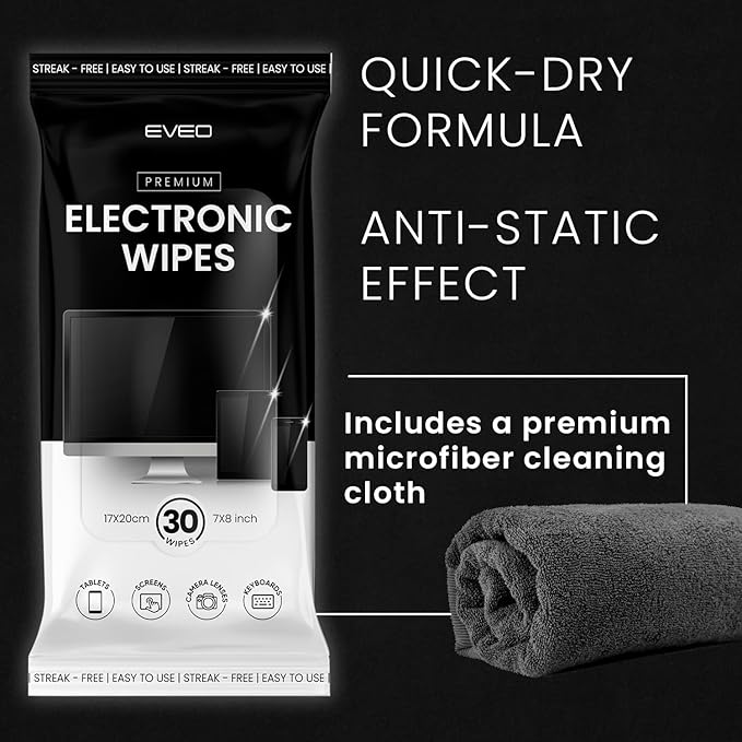 EVEO Electronic Wipes Screen Cleaner - Screen Wipes TV Screen Cleaner Wipes, Computer Screen Wipes, Laptop Screen Cleaner, ipad & Monitor Cleaner, Screen Cleaning Wipes - [90 Wipes + Microfiber Cloth]