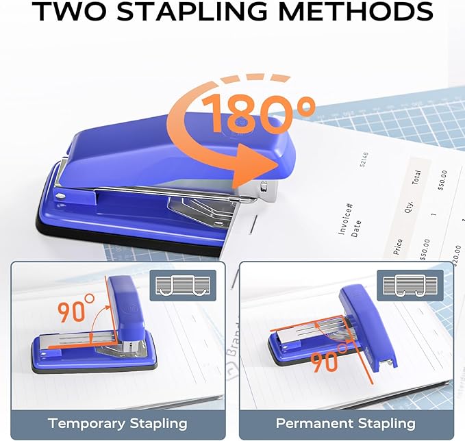 Desktop Stapler, Swing-Arm Swivel Stapler, 50 Sheet Capacity, 2000 Staples and Staple Remover, Rotatable Heavy Duty Staplers for Office, Home, Classroom, Booklet, Book Binding, Blue