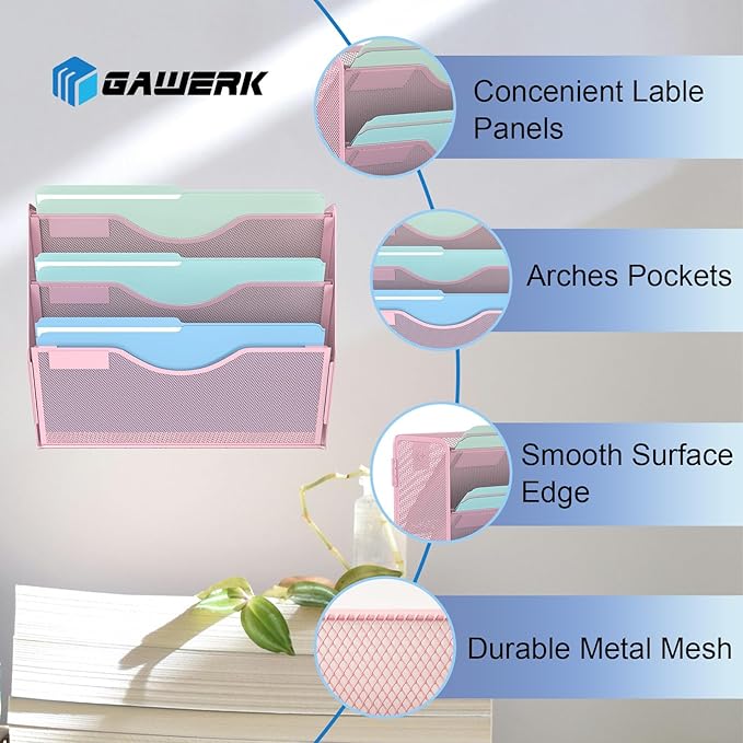 3 Tier Hanging Wall File Organizer, Mesh Mail Paper Orgnization Hanging File Folder Holder for Home Office, Pink