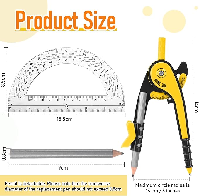 EBOOT Student Geometry Math Set, Drawing Compass and 6 Inch Clear Swing Arm Protractors 180 Degree Math Protractor (Yellow)