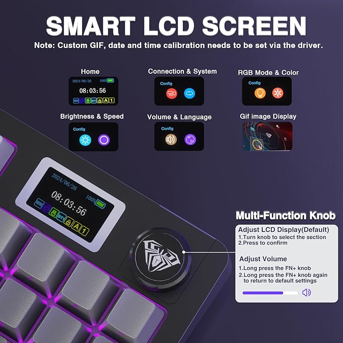 AULA S98 Pro Wireless Mechanical Keyboard with Screen & Knob,2.4GHz/USB-C/BT5.0 Hot Swappable Creamy Keyboard,Pre-lubed Linear Switches,Side Printed PBT Keycaps,RGB Backlit Gaming Keyboards