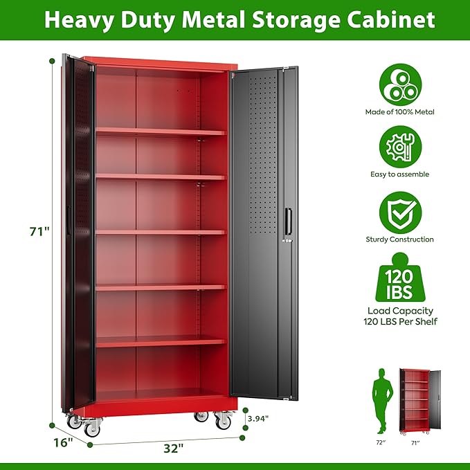 Aobabo Upgraded Garage Storage Cabinets with Wheels,Metal Storage Cabinets with 5 Adjustable Shelves for Garage Home Office Storage, Red-Black,71''H*32''W*16''D,Assembly Required