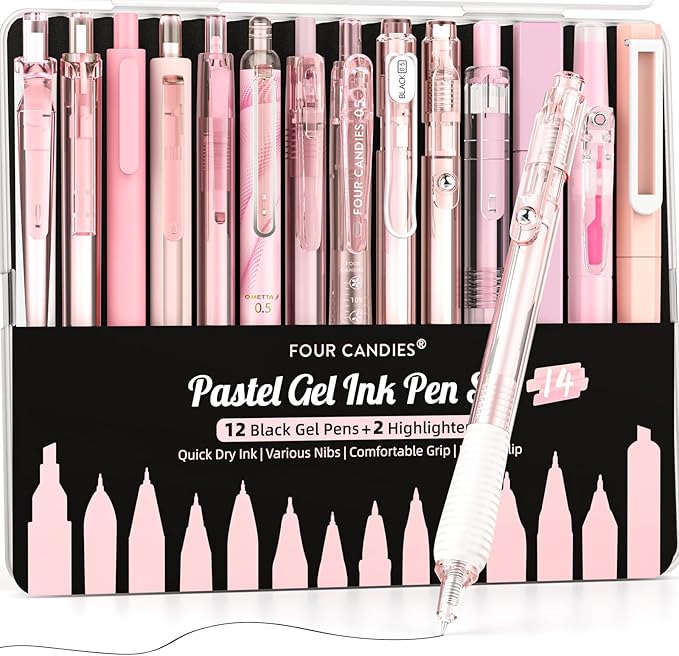 Four Candies 14Pack Pastel Gel Ink Pen Set,Cute Retractable 0.5mm Fine Point Pen,Note Taking Aesthetic Pens,12 Pack Black Ink Pens with 2Pack Highlighter, Smooth Writing Pens for School, Office (Pink)