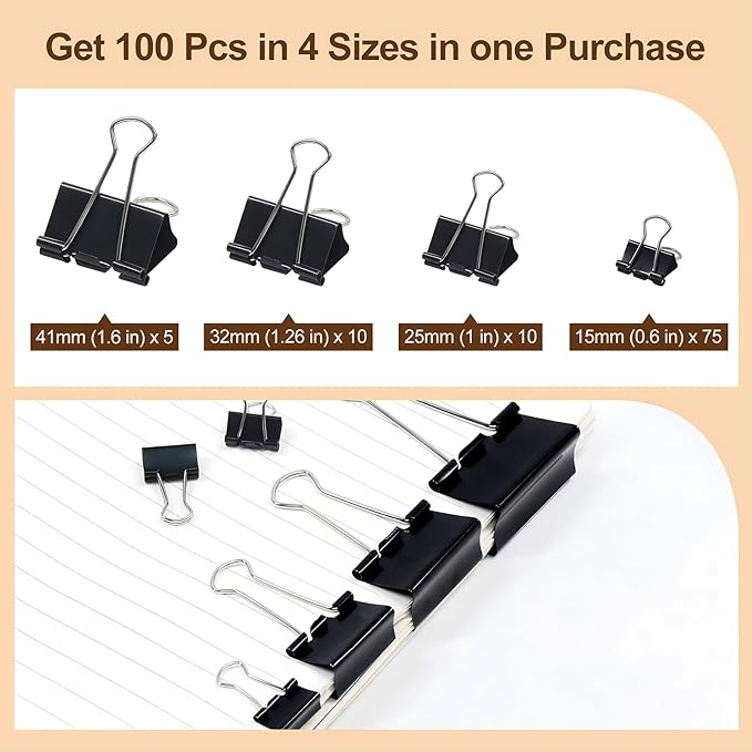 Black Binder Clips Assorted Sizes - Coideal 100 Pcs Metal Binder Paper Clips Foldback Bulldog Clip Clamps for Office School (Mini, Small, Medium, Large)