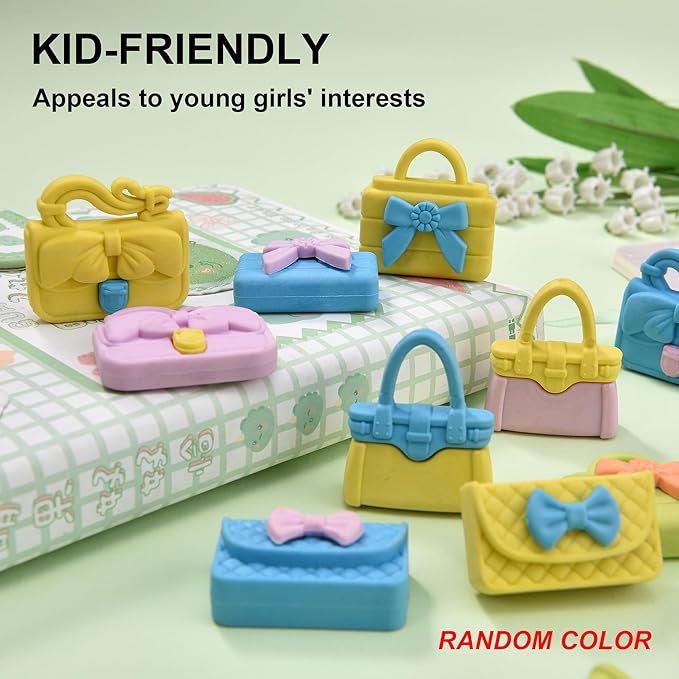 24Pcs Cute Bag Shape Erasers for Girls Kids, Fun Handbag Pencil Erasers for School Classroom Supplies Birthday Party Favors