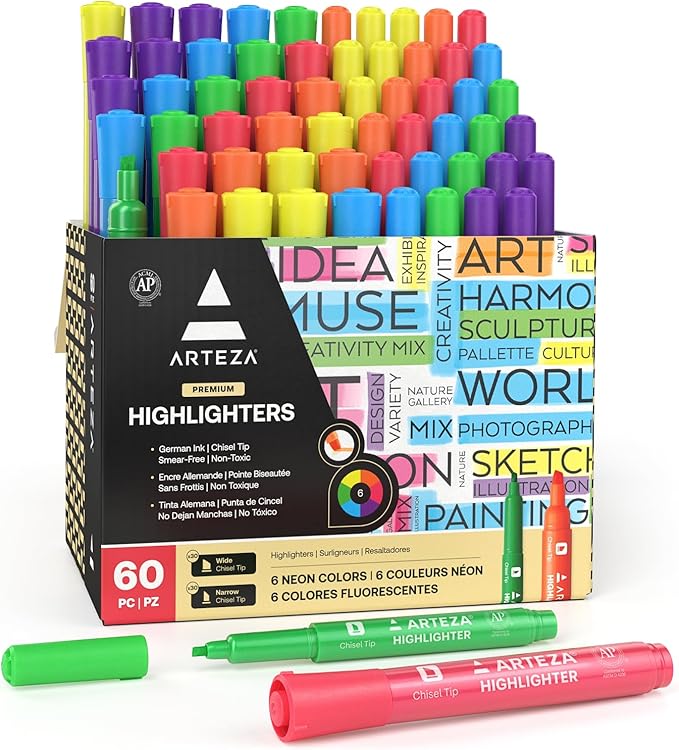 ARTEZA Highlighters Assorted Colors, Set of 60, Wide & Narrow Chisel Tip Pens